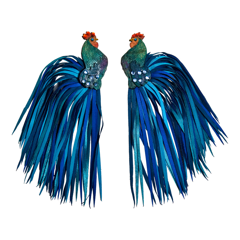 ARETES GALLO COLA DE TELA AZUL MAXI